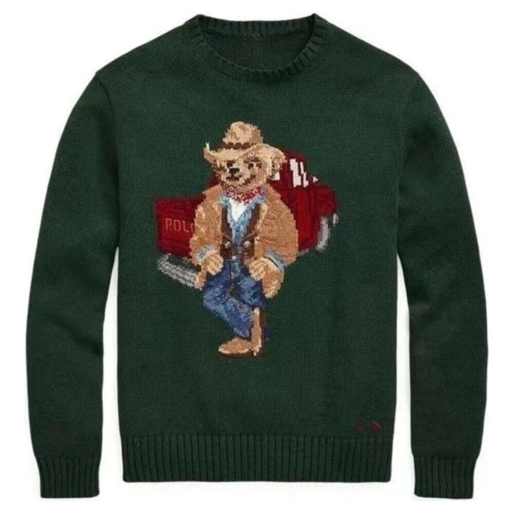Maglione Polo Bear Uomo Verde Orsetto Ricamato Girocollo A Coste 100% Cotone Tg M - Foto 1