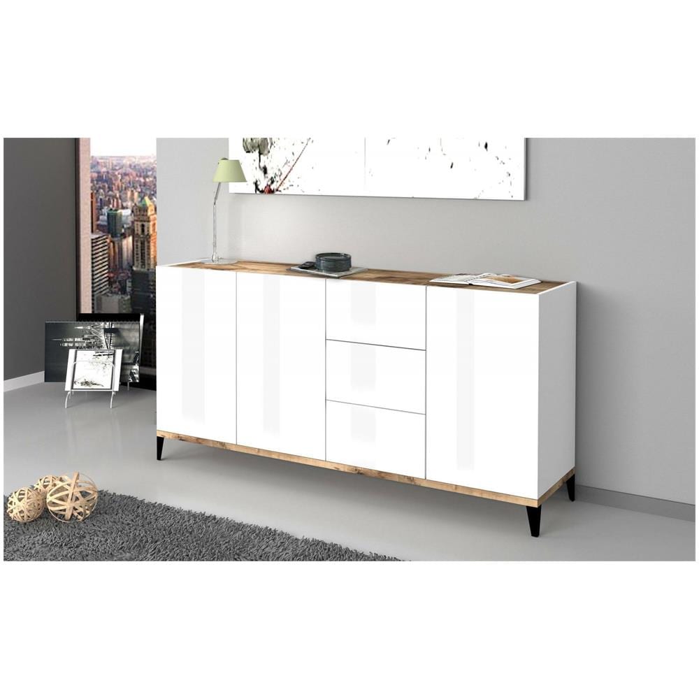 Credenza Paolo, Madia Da Cucina 3 Ante E 3 Cassetti, Buffet Da Soggiorno, 100% Made In Italy, Cm 160x40h82, Bianco Lucido E Acero - Foto 1