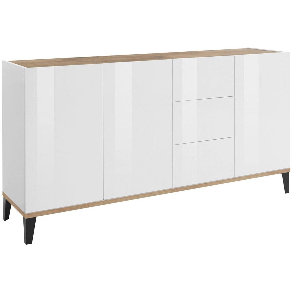 Credenza Paolo, Madia Da Cucina 3 Ante E 3 Cassetti, Buffet Da Soggiorno, 100% Made In Italy, Cm 160x40h82, Bianco Lucido E Acero - Foto 2