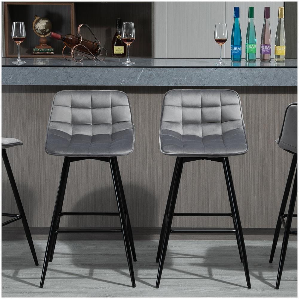 Set 2 Sgabelli Da Bar Sedie Imbottite Stile Nordico Velluto Grigio - Foto 3