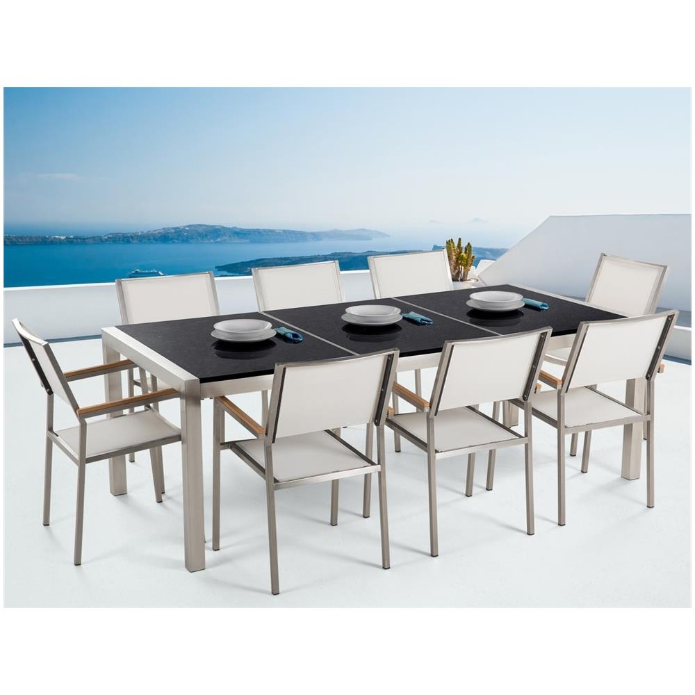 Set Di Tavolo E 8 Sedie Da Giardino In Acciaio, Basalto E Fibra Tessile Bianca - Nero Lucido - 220cm - Grosseto - Foto 2