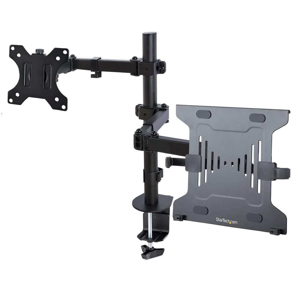 Braccio Monitor da Scrivania con Ripiano VESA Ventilato per Laptop (4.5kg) e Display fino a 32" (8kg), Nero, Supporto /Staffa per Notebook e Monitor VESA regolabile; Morsetto a C /Foro Passante - Foto 1
