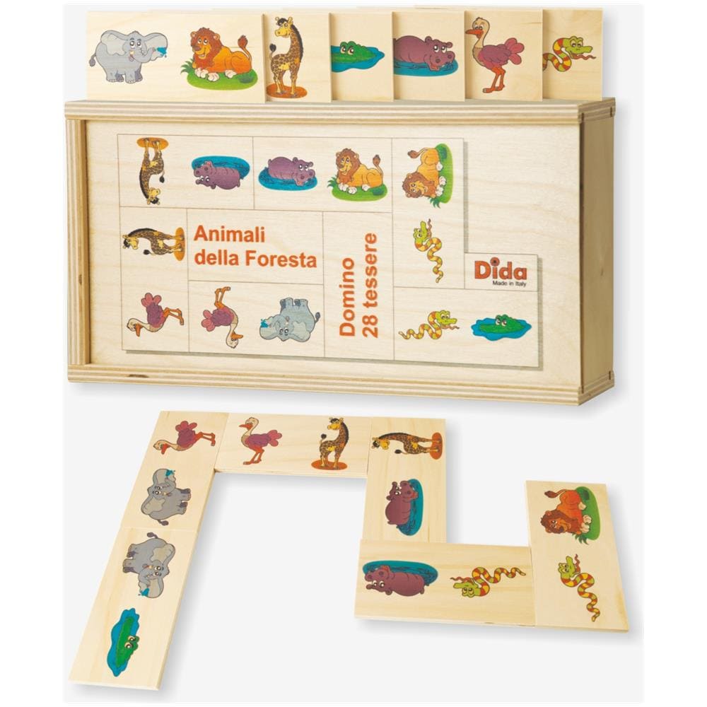 Domino Animali Della Foresta. Leoni, Ippopotami, Coccodrilli, Serpenti, Elefanti Illustrati Nel Domino Gioco Da Tavolo Con Tessere E Scatola Di Legno Per Bambini. - Foto 1