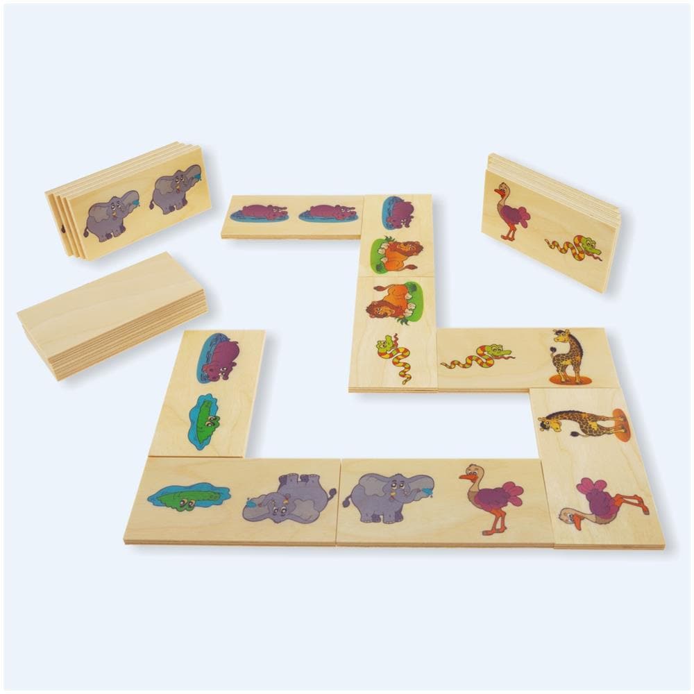 Domino Animali Della Foresta. Leoni, Ippopotami, Coccodrilli, Serpenti, Elefanti Illustrati Nel Domino Gioco Da Tavolo Con Tessere E Scatola Di Legno Per Bambini. - Foto 2