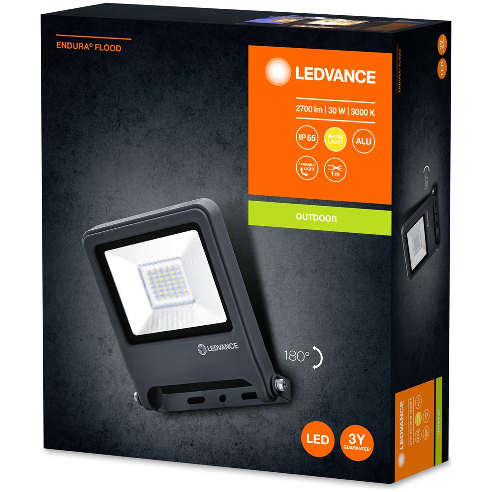 Ledvance Floodlight Led, Lampada Da Esterno, Endura® Flood Bianco Caldo / 30 W, 220…240 V, Ampiezza Fascio Luminoso: 120°, Bianco Caldo, 3000 K, Materiale: Alluminio, Ip65 - Foto 2