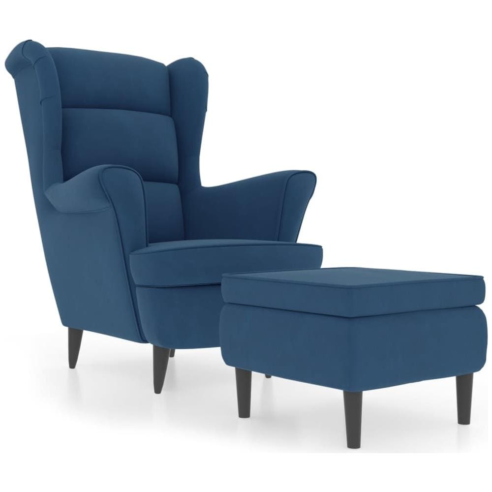 Poltrona Con Schienale Ad Ala Con Poggiapiedi Blu In Velluto - Foto 2
