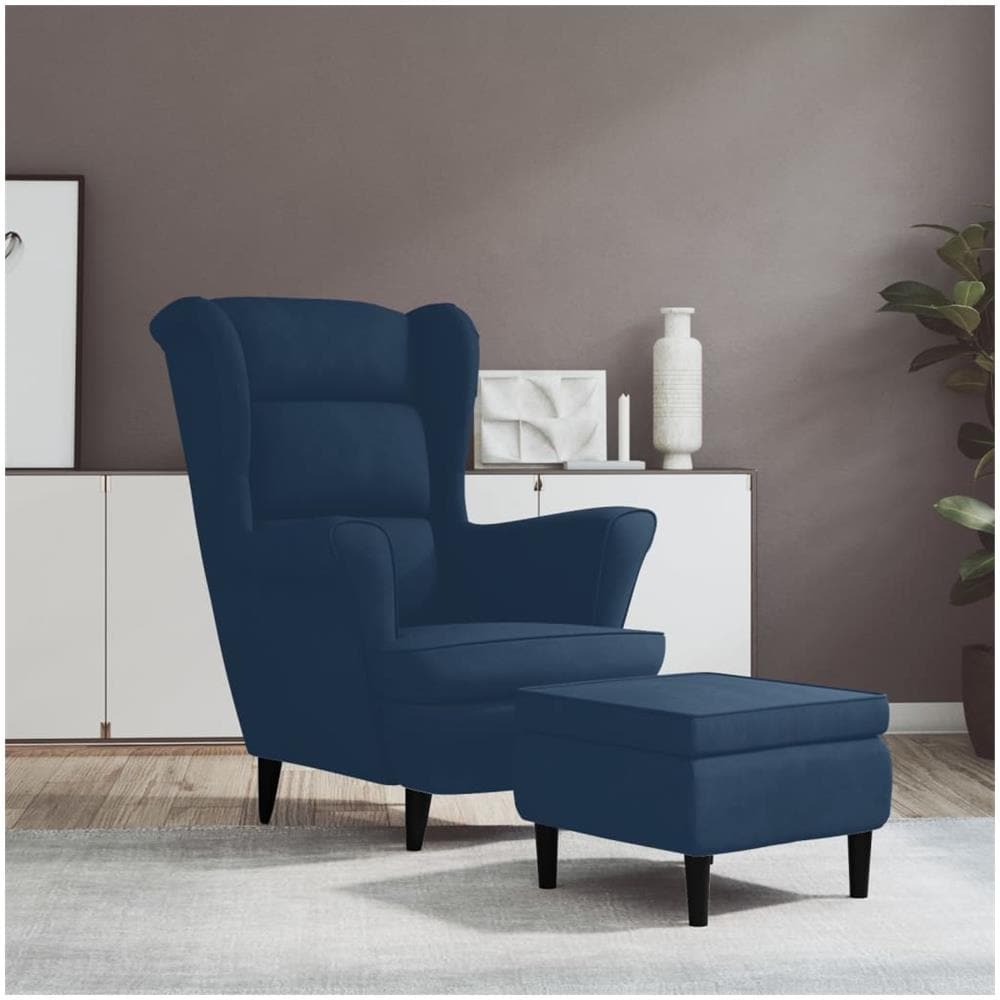 Poltrona Con Schienale Ad Ala Con Poggiapiedi Blu In Velluto - Foto 1