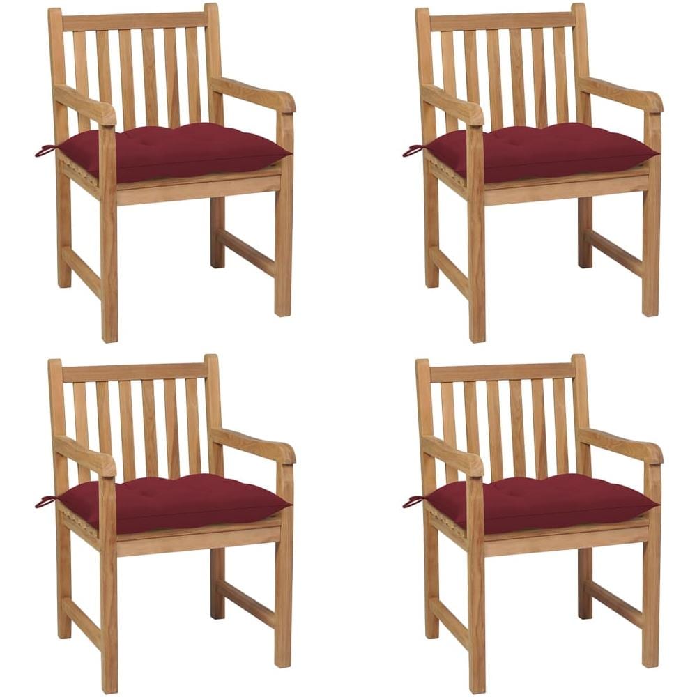 Sedie da Giardino 4 pz con Cuscini Rosso Vino Massello di Teak - Foto 1