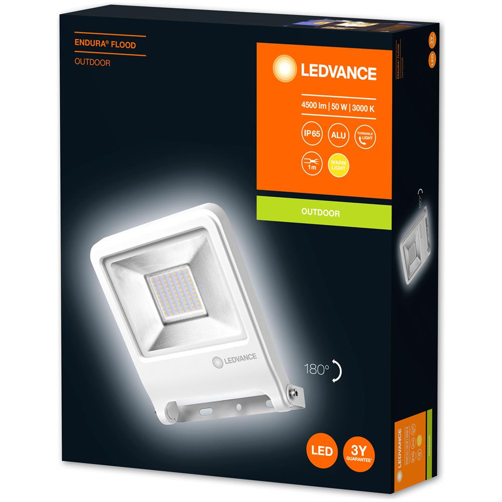 Ledvance Floodlight Led, Lampada Da Esterno, Endura® Flood Bianco Caldo / 50 W, 220…240 V, Ampiezza Fascio Luminoso: 120°, Bianco Caldo, 3000 K, Materiale: Alluminio, Ip65 - Foto 1