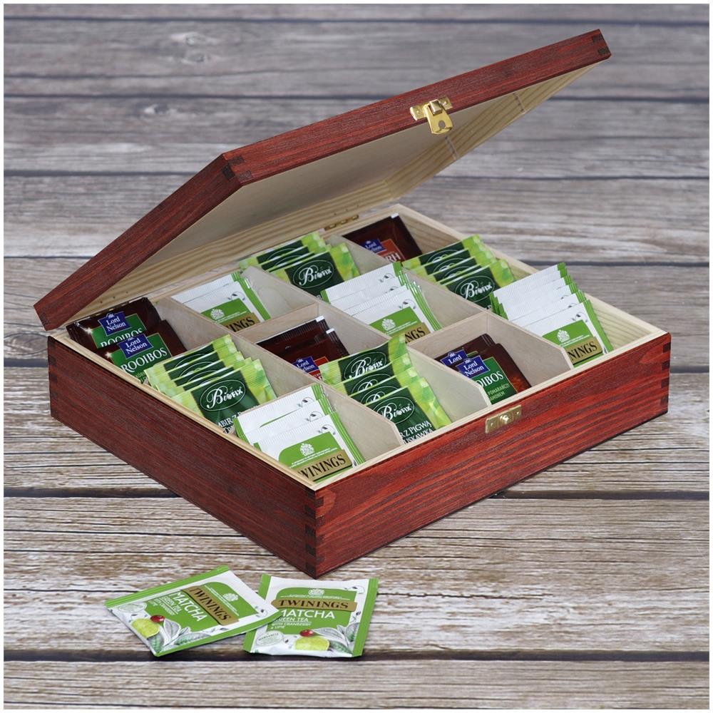 Rosso Scatola Porta Tè E Tisane In Legno | 12 Scomparti | 29 X 25 X 7,5 Cm | Tè Bustine | Coperchio | Serratura | Divisori Rimovibili | Perfetta Per Decoupage, Stoccaggio, Regalo - Foto 2