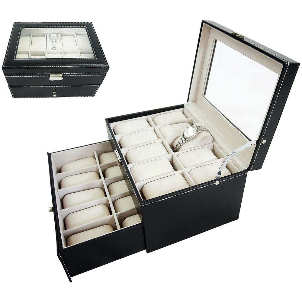 Porta Prologi, Porta Bracciali, 20 Orologi Con Cassetto Ed Espositore, Nero / beige, Dimensione: 28,5 X 20,5 X 15 Cm - Foto 1