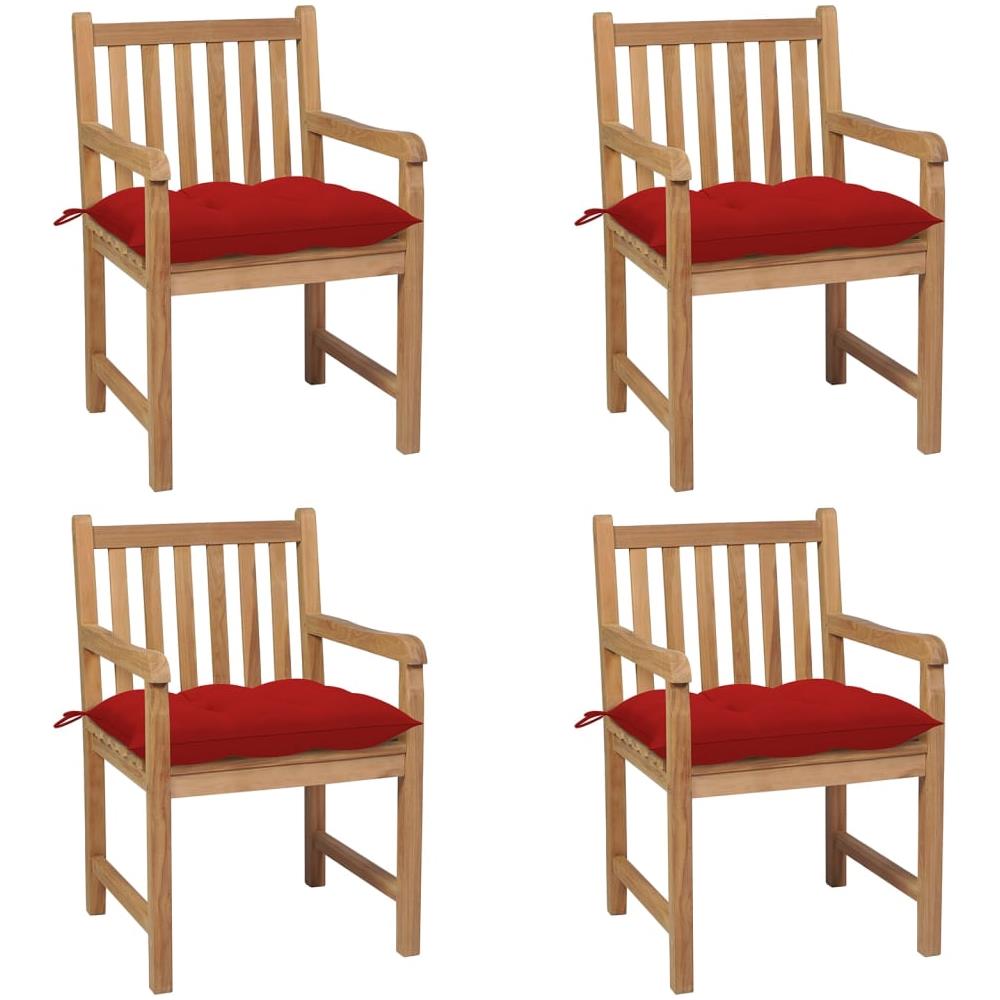 Sedie da Giardino 4 pz con Cuscini Rossi in Massello di Teak - Foto 1