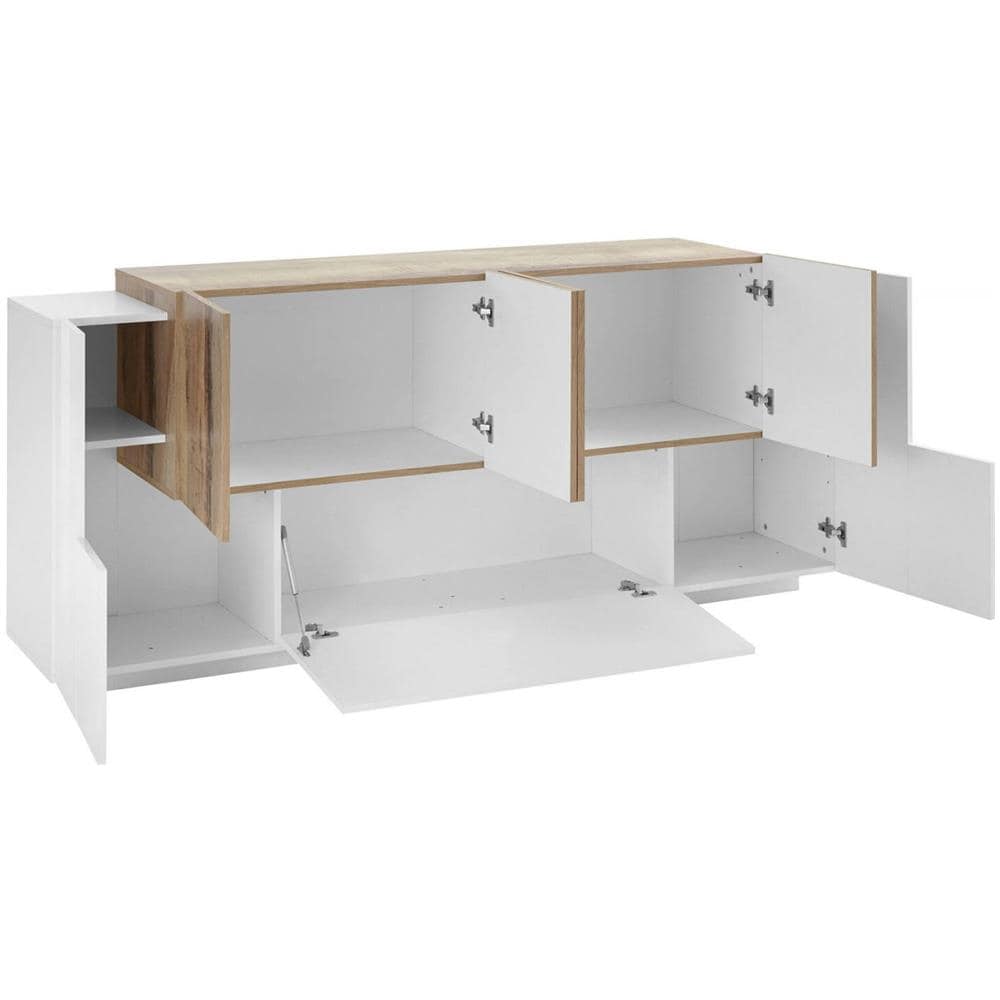Credenza Gennaro, Madia Da Cucina A 7 Ante, Buffet Da Soggiorno, Madia Da Cucina, 100% Made In Italy, Cm 200x45h86, Bianco Lucido E Acero - Foto 4