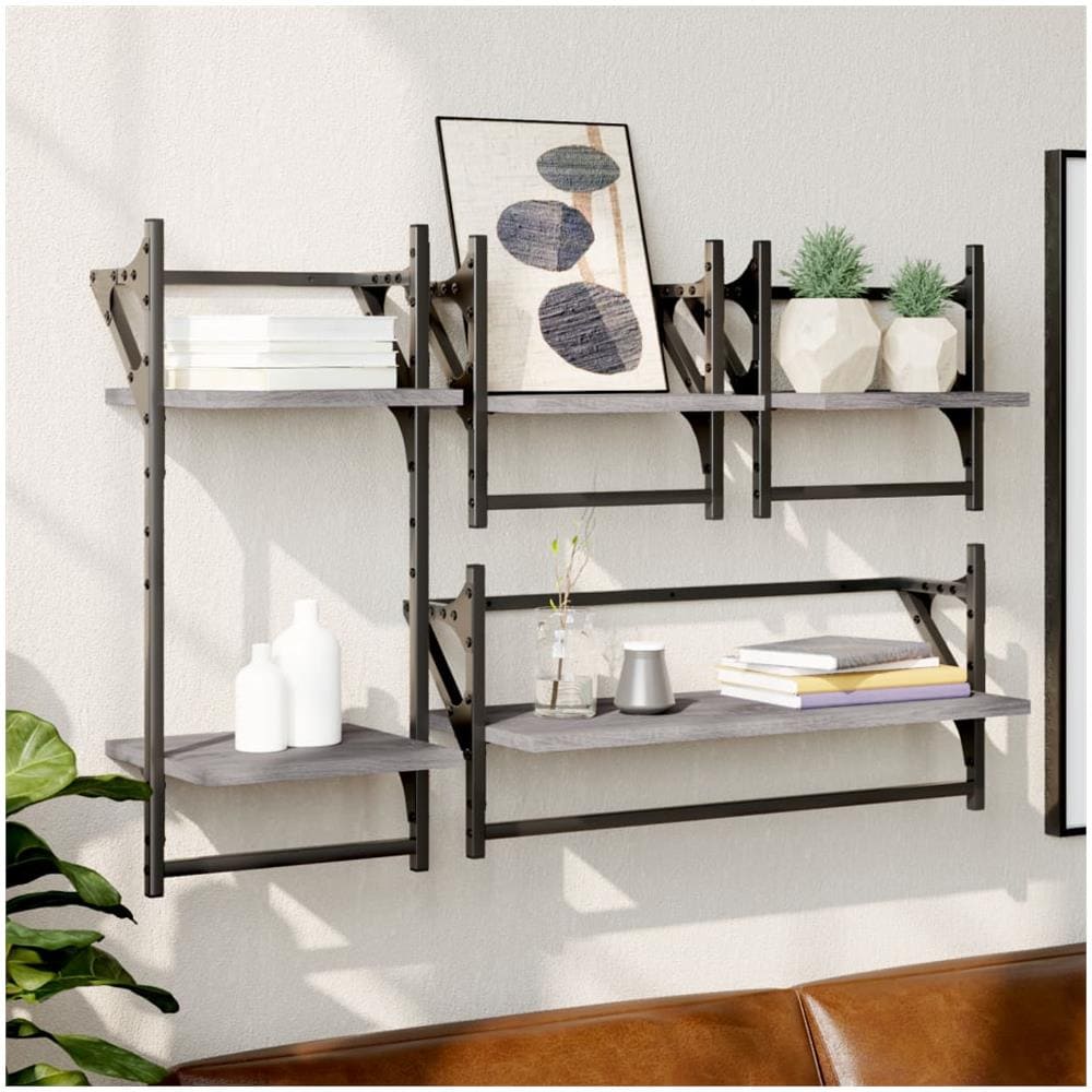 Set Mensole Parete Con Aste 4pz Grigio Sonoma Legno Multistrato - Foto 1