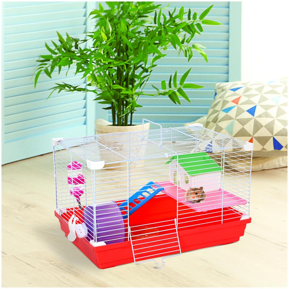 Gabbia per Criceti a 2 Livelli in Metallo e PP con Casetta, Serbatoio dell'acqua e Ruota, 47x30x27 cm - Foto 2