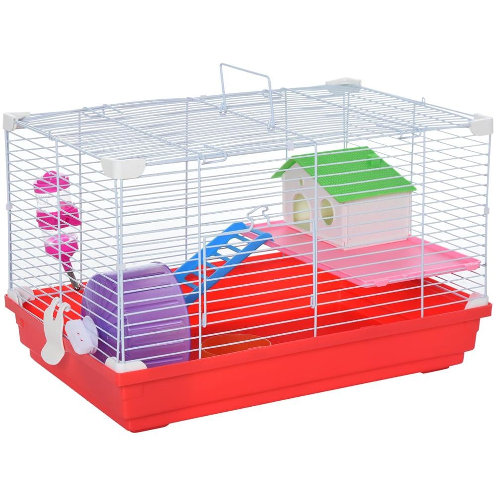 Gabbia per Criceti a 2 Livelli in Metallo e PP con Casetta, Serbatoio dell'acqua e Ruota, 47x30x27 cm - Foto 1