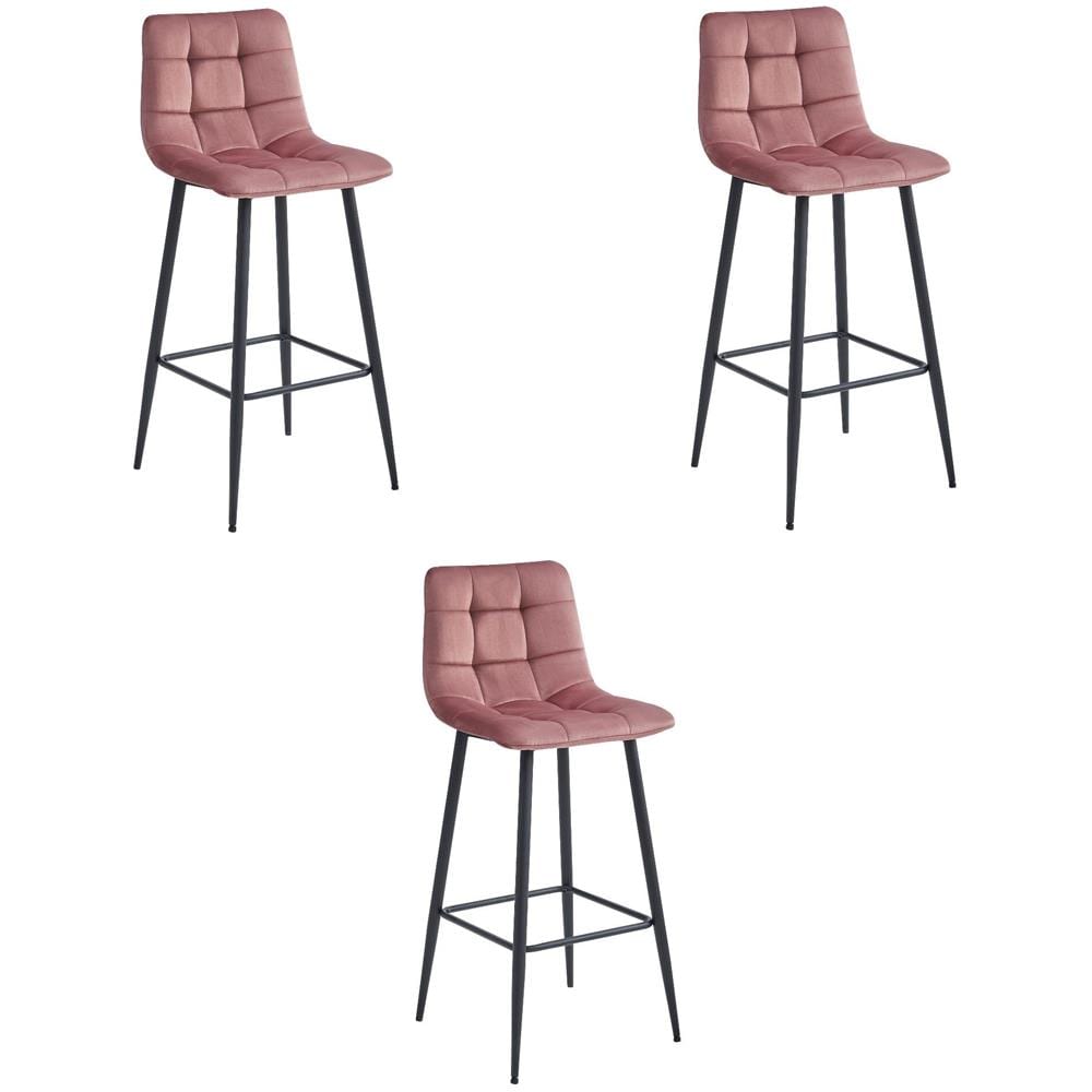 Sgabelli da bar TEOTO in velluto rosa scuro con gambe in acciaio nero x3 - Foto 1