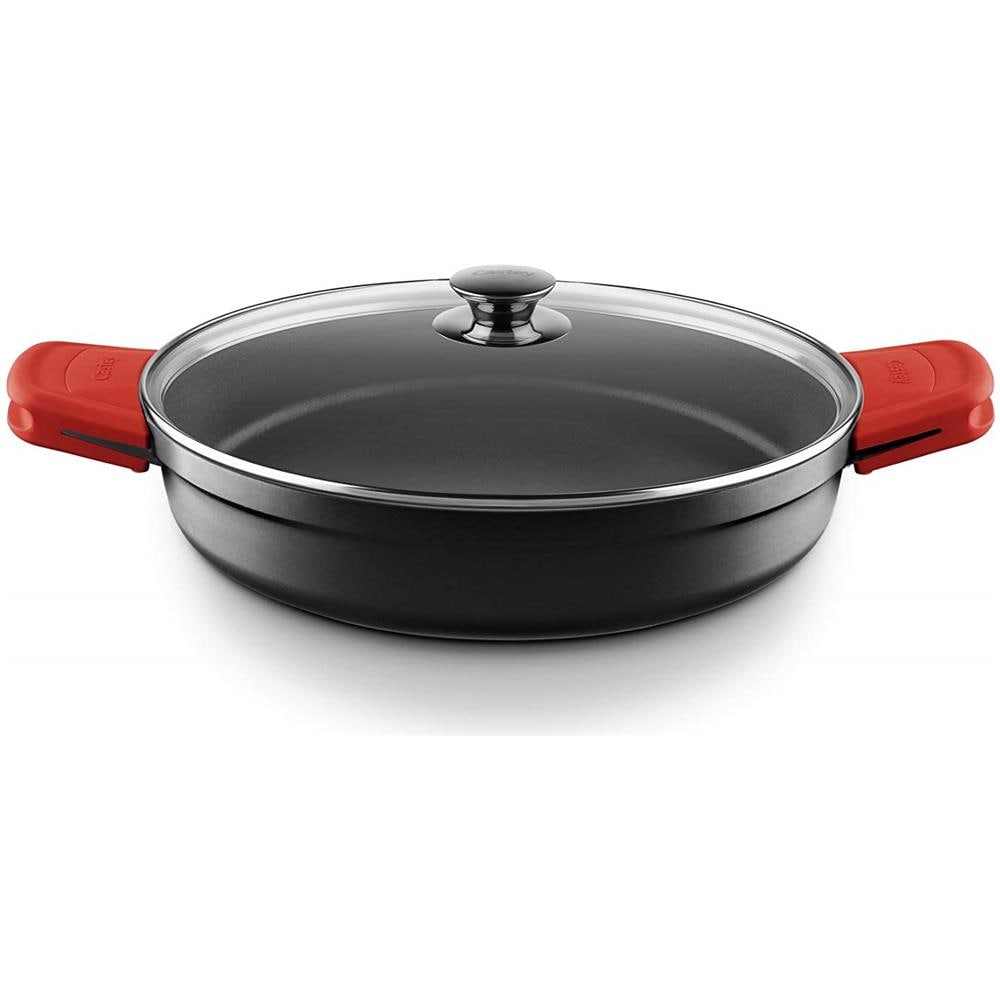 Casseruola Bassa Per Induzione Con Coperchio In Vetro - 32 Cm - Nera Con Manici Rossi - Foto 1