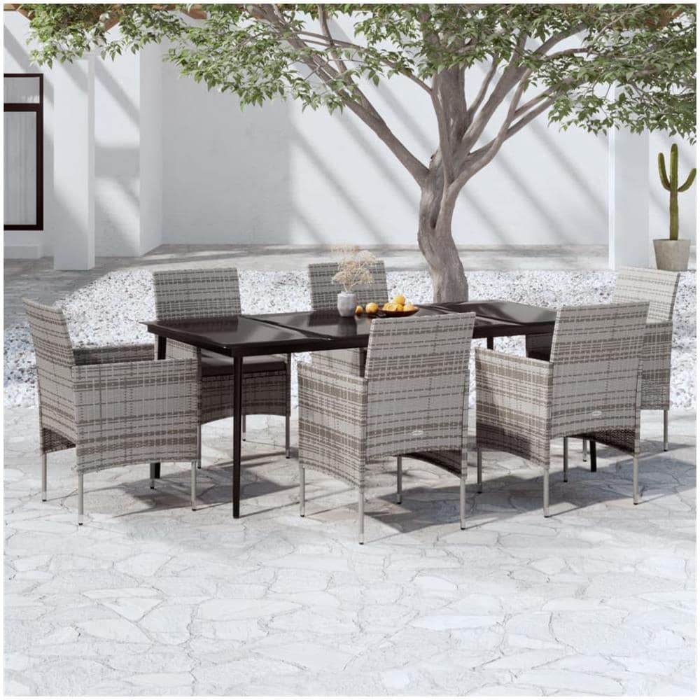 Set Da Pranzo Per Giardino 7 Pz Con Cuscini Grigio E Nero - Foto 1