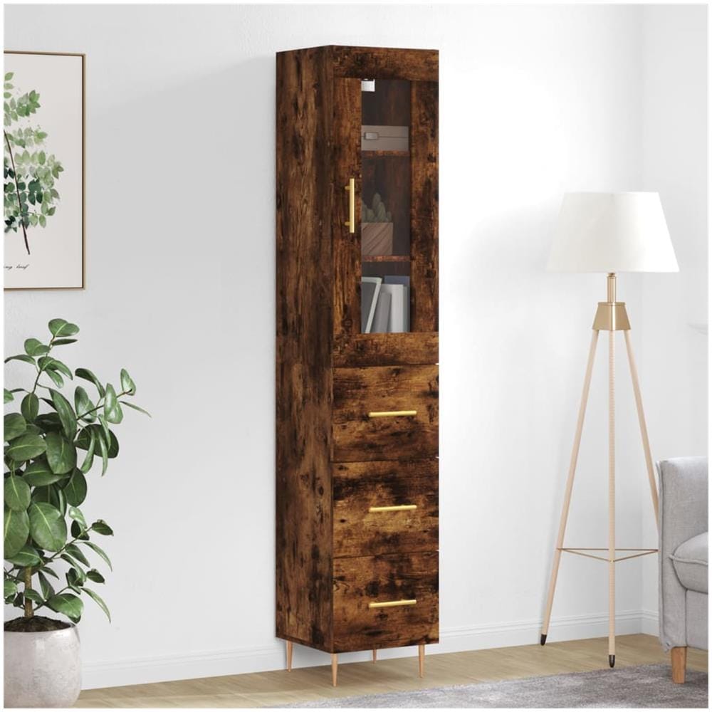 VidaXL Credenza In Legno Multistrato Rovere Fumo - 3 Scomparti E Anta In Vetro - 34,5x34x90 Cm - 3