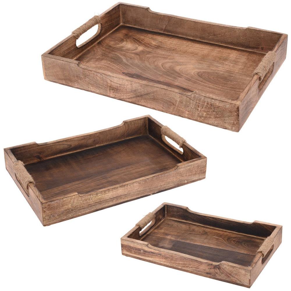 Set Di 3 Vassoi In Legno Di Mango, Stile Rustico, Maniglie Per Il Trasporto, Facile Da Riporre, Materiale Resistente, Marrone - Foto 1