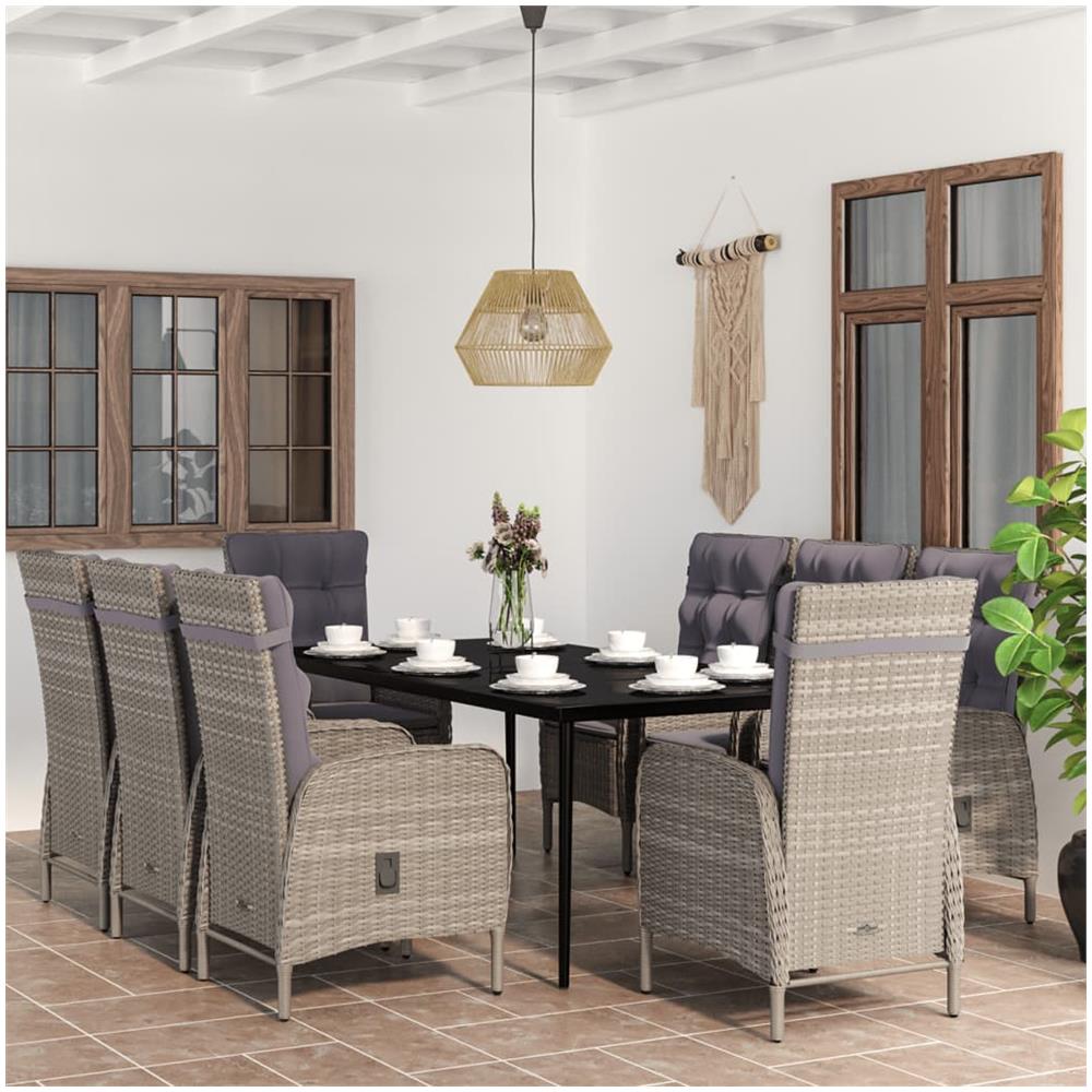 Set Da Pranzo Per Giardino 9 Pz Con Cuscini Grigio E Nero - Foto 1