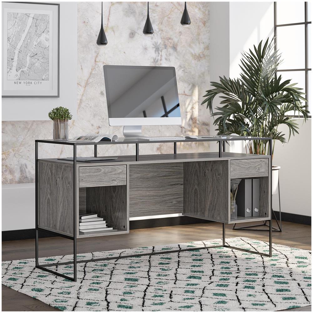 Camley Scrivania Con 2 Cassetti E Contenitore In Vetro E Base In Mdf Rovere Grigio - Foto 7