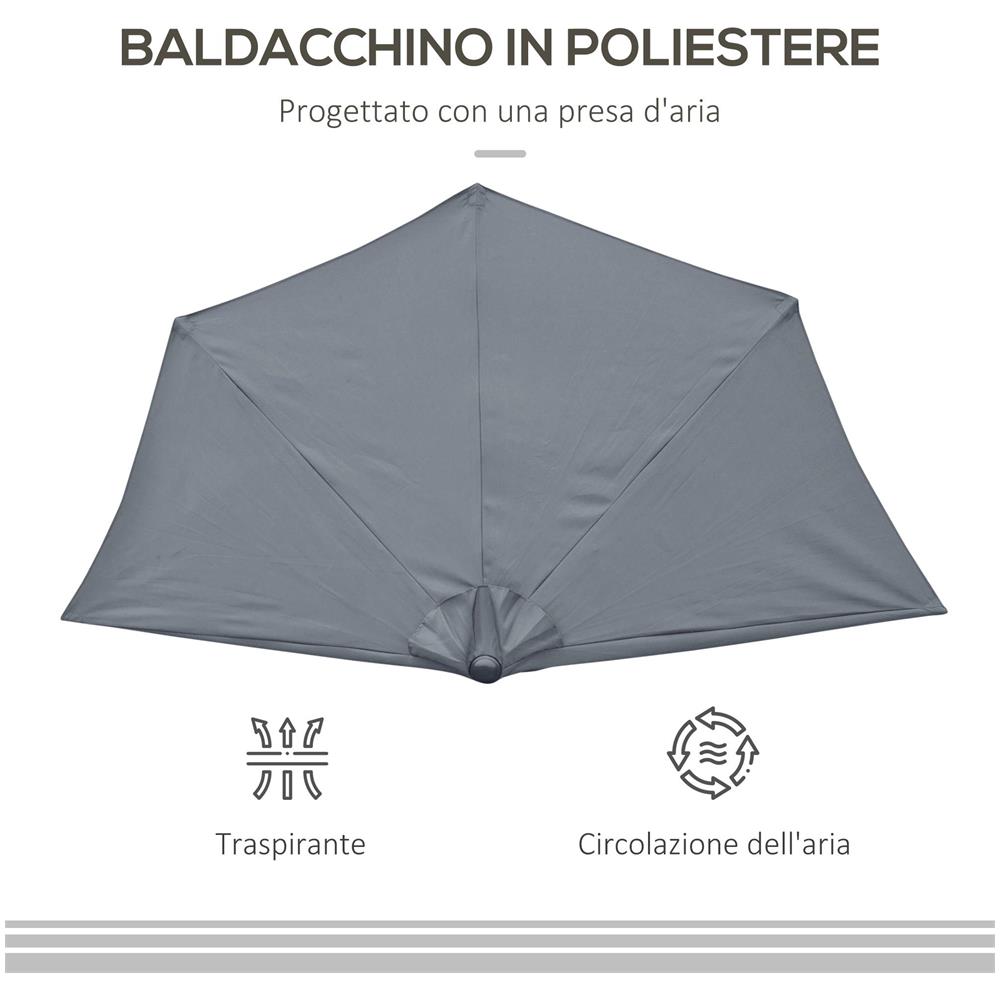 Ombrellone Semicircolare da Parete con Manovella, in Poliestere e Metallo, 2.7x2.4 m, Grigio - Foto 6