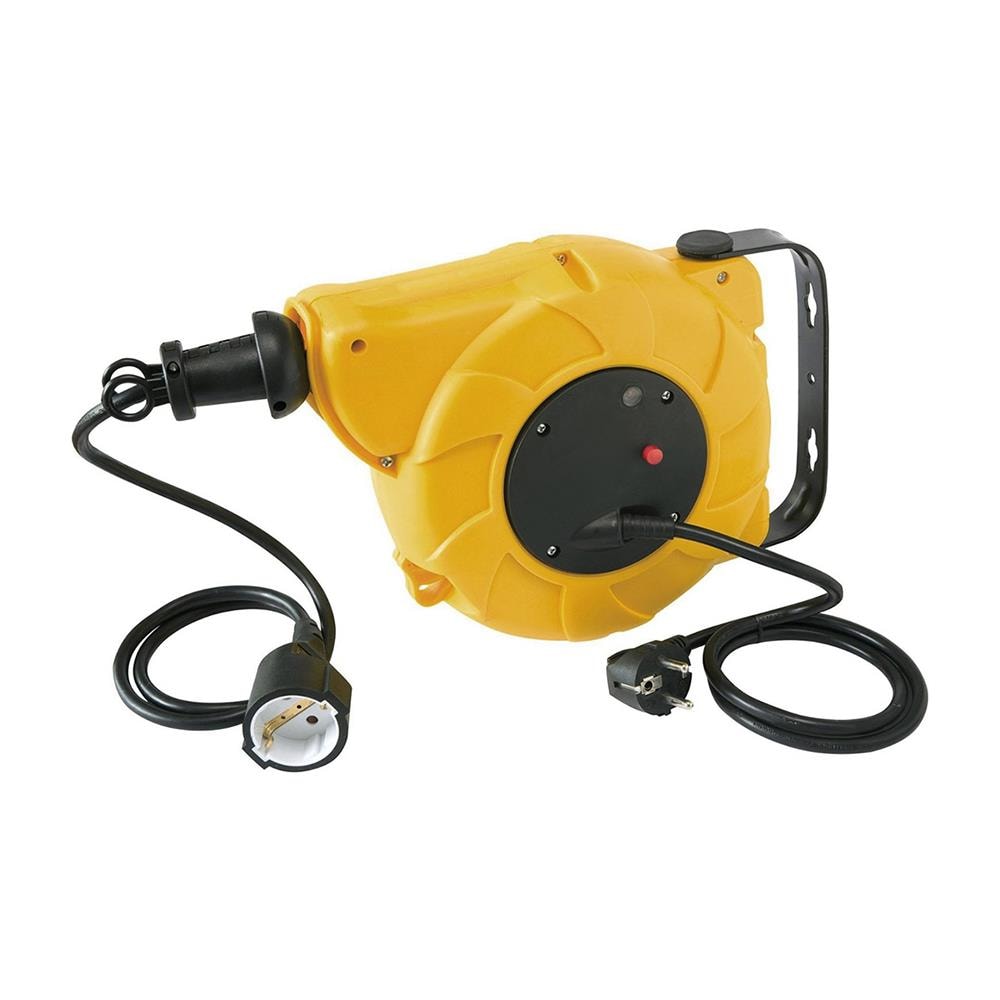 100237 Avvolgicavo Automatico A Molla, 15mt, Spina E Presa Schuko Con Staffa Di Fissaggio A Muro, Nero / giallo - Foto 1