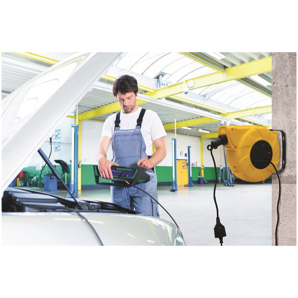 100237 Avvolgicavo Automatico A Molla, 15mt, Spina E Presa Schuko Con Staffa Di Fissaggio A Muro, Nero / giallo - Foto 2