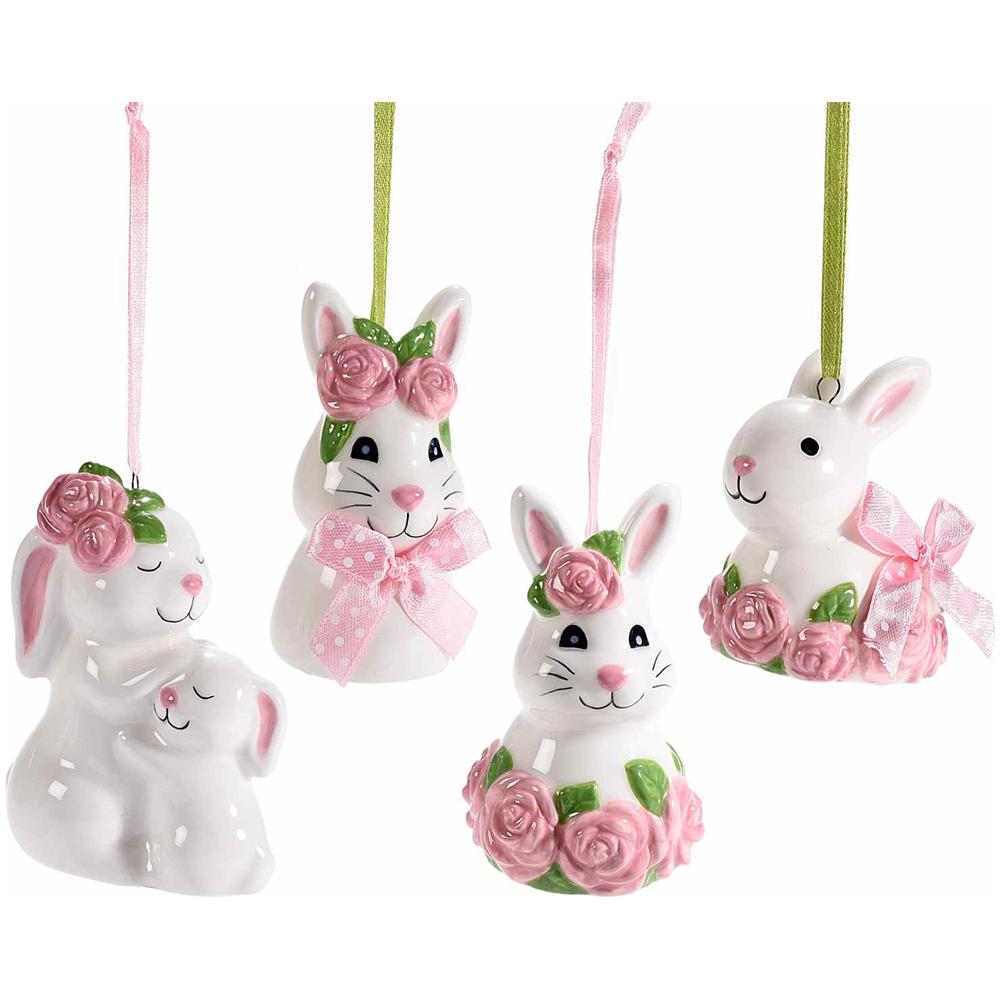 Coniglietti In Ceramica Da Appendere Fatti A Mano Decorazione Dipinta E Con Roselline Addobbo Casa, Pasqua, Primavera Set 8 Pezzi - Foto 1