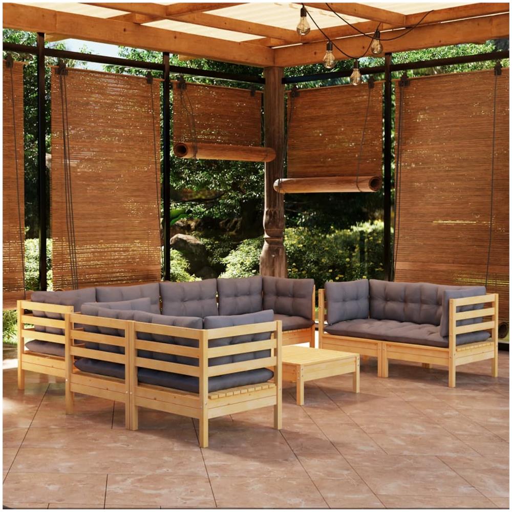 Set Divani Da Giardino 9 Pz Con Cuscini Grigi Massello Di Pino - Foto 1