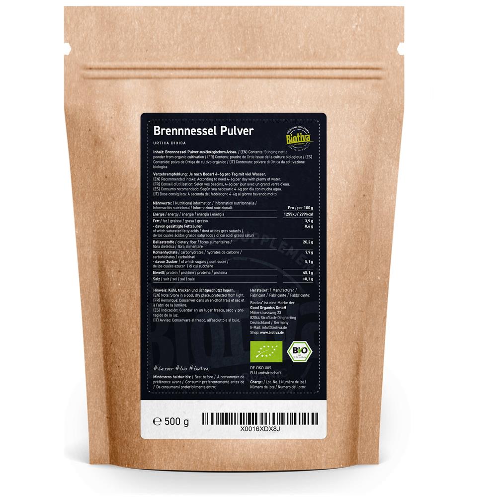 Polvere Di Foglie Di Ortica Bio 500g - Foglie Macinate - 100% Di Erbe Organiche Di Ortica - Imbottigliate E Controllate In Germania (de-öko-005) - Foto 2