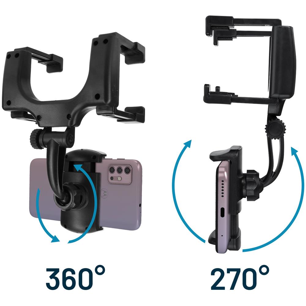 Supporto Auto Per Smartphone Fissaggio Retrovisore Ruotabile 360° Nero - Foto 2