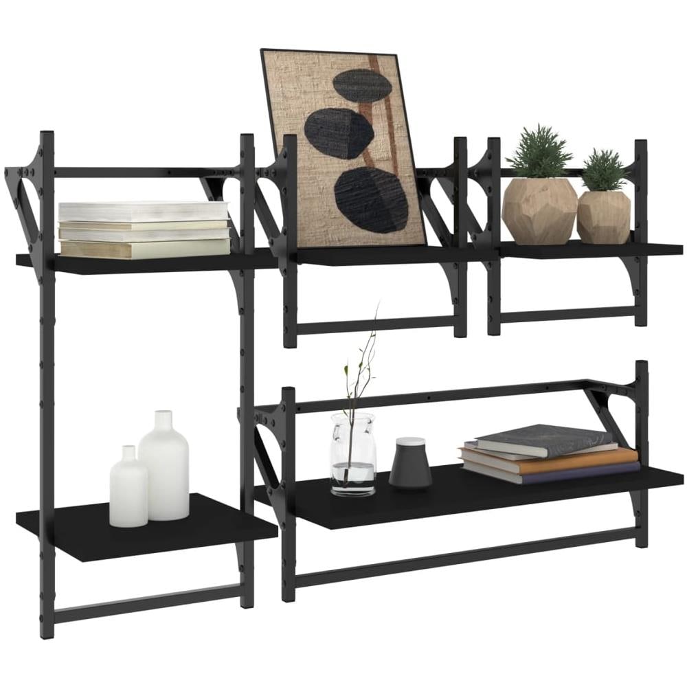 Set Mensole Da Parete Con Aste 4pz Nero In Legno Multistrato - Foto 3