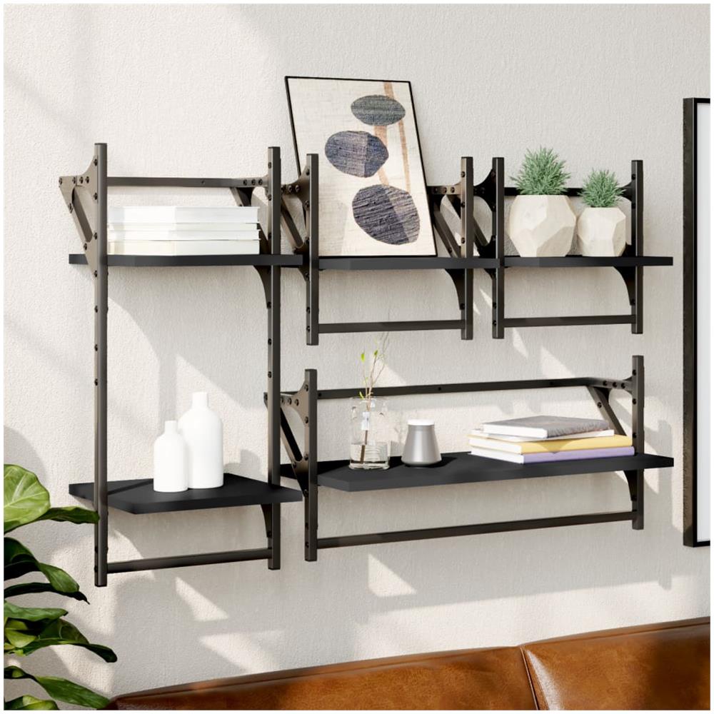 Set Mensole Da Parete Con Aste 4pz Nero In Legno Multistrato - Foto 1