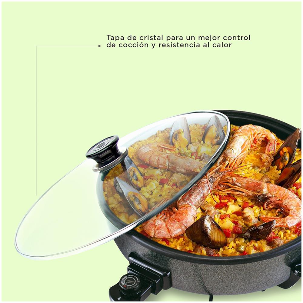padella per paella con termostato 1500 W con coperchio padella per pizza buffet Nero Padella elettrica 40 x 30 x 9 cm 