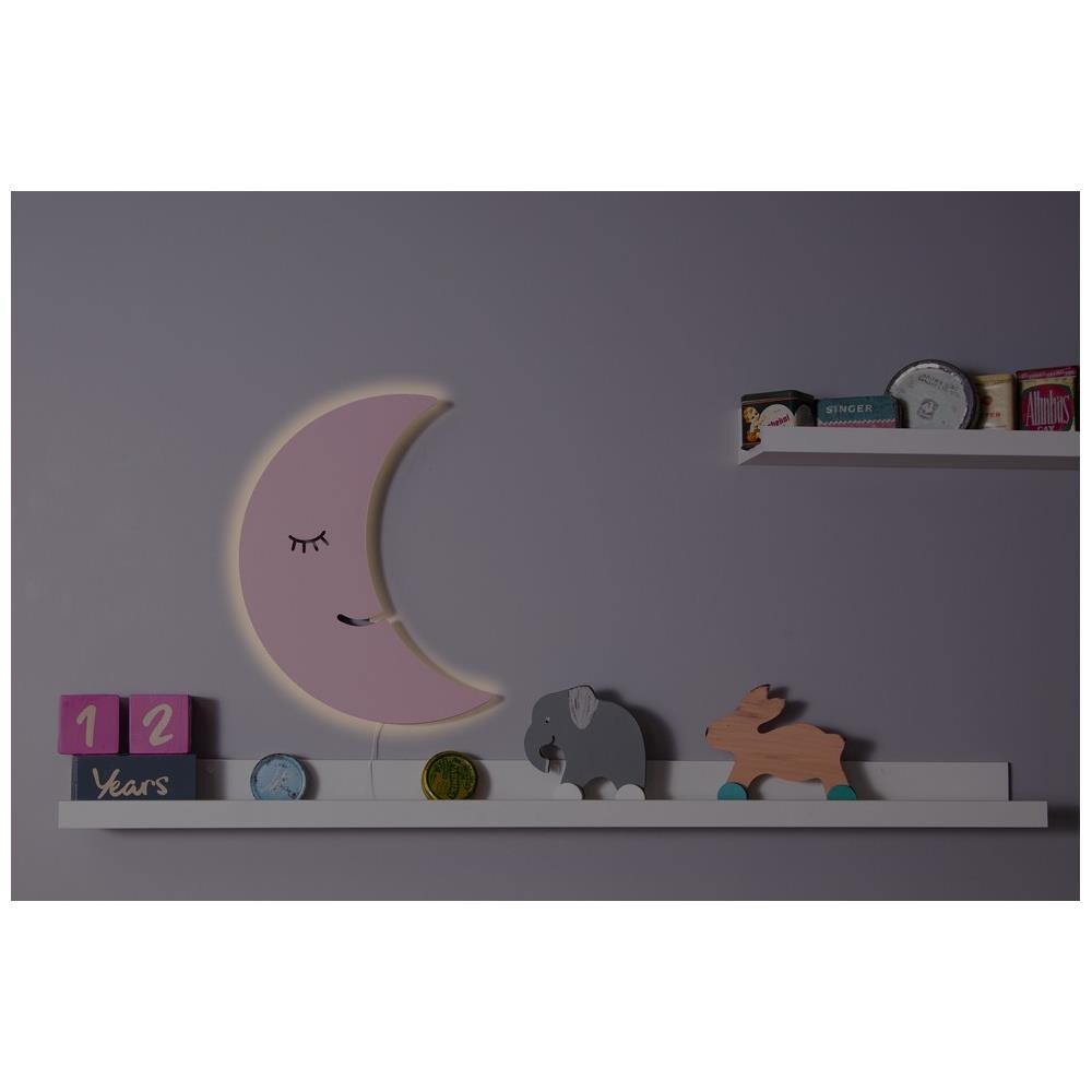 Luci Per Bambini Smiling Moon - Luna, Applique - Per Bambini - Da Cameretta - Rosa In Mdf, 25 X 3 X 40 Cm, 1 X Led Strip, Max 14,4 W, 600lm - Foto 4