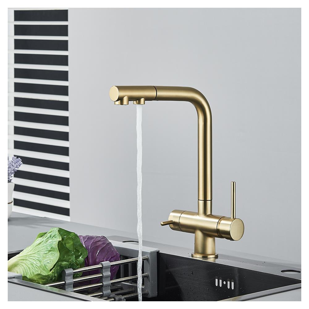 Rubinetto per lavello da cucina, Blackswan, tipo M348, modello oro opaco con uscita acqua purificata e doccia mobile, dimensioni 31,5 cm - Foto 4