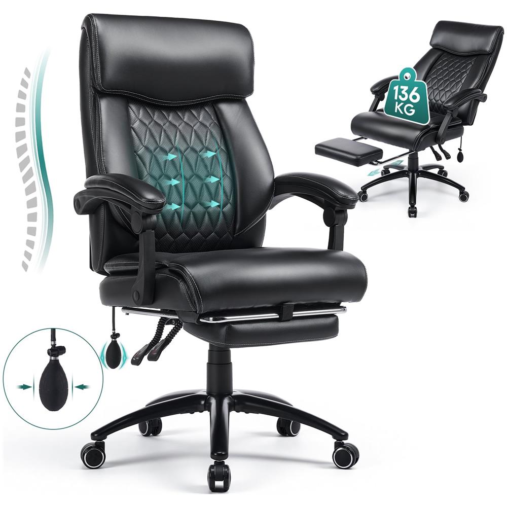 Sedia Da Ufficio Ergonomica Con Poggiapiedi, Supporto Lombare Ad Cuscino D’aria, Braccioli Ripiegabili, Funzione Dondolo 117°, Sedia Direzionale In Pelle Regolabile In Altezza, Imbottitura Extra Spessa, Portata Fino A 136 Kg - Foto 1