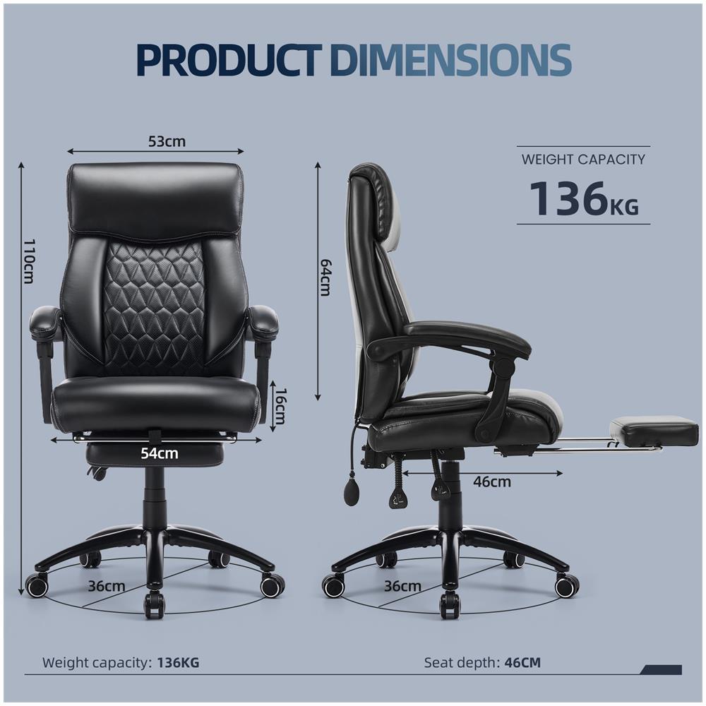 Sedia Da Ufficio Ergonomica Con Poggiapiedi, Supporto Lombare Ad Cuscino D’aria, Braccioli Ripiegabili, Funzione Dondolo 117°, Sedia Direzionale In Pelle Regolabile In Altezza, Imbottitura Extra Spessa, Portata Fino A 136 Kg - Foto 2