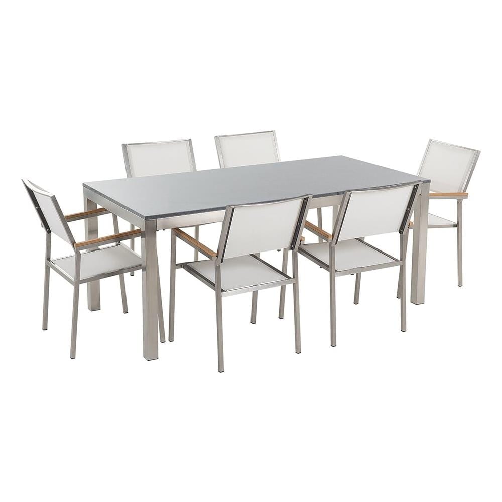 Set Di Tavolo E 6 Sedie Da Giardino In Acciaio, Granito E Fibra Tessile Bianca- Piano Singolo- Grigio Lucido - 180cm - Grosseto - Foto 1