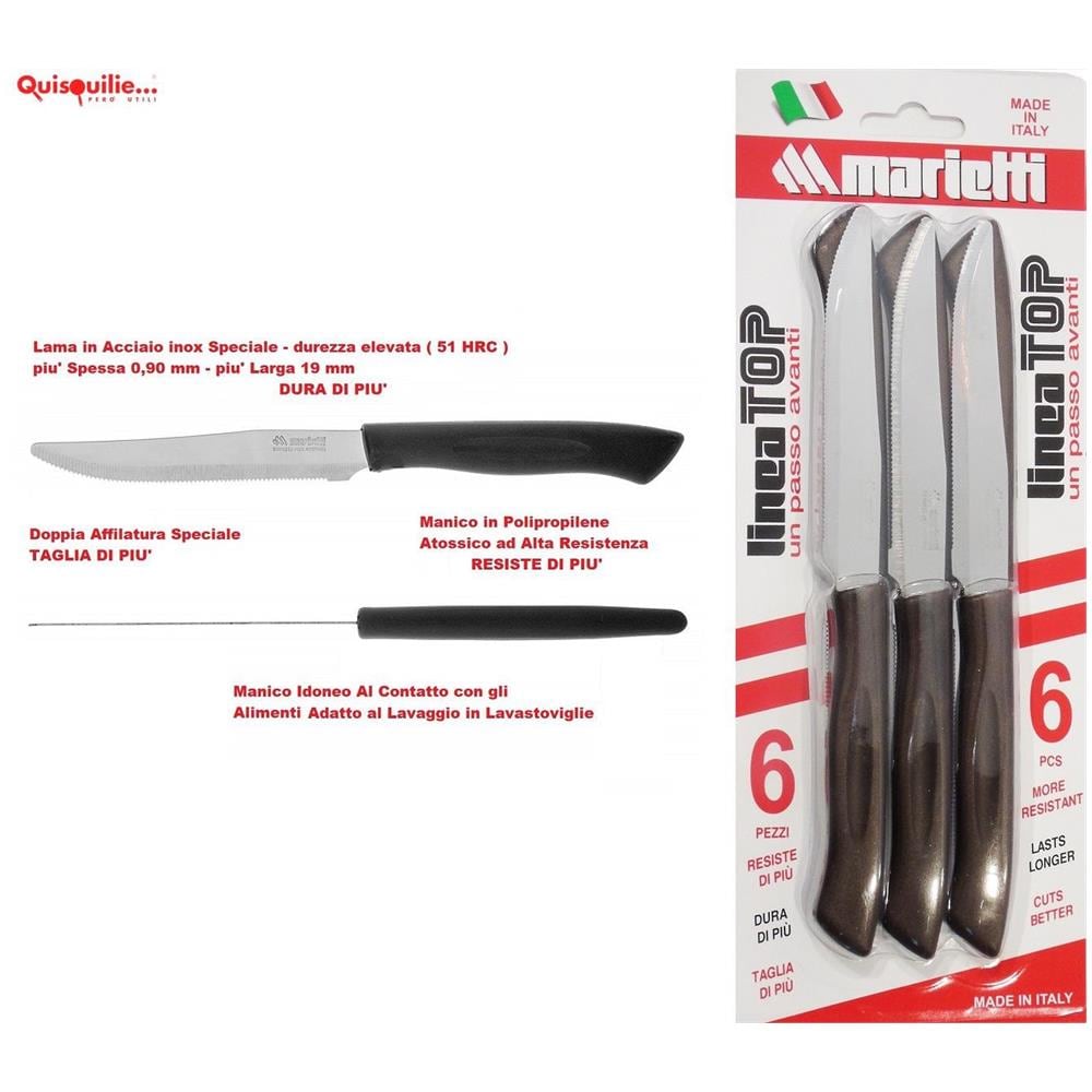 Marietti - Marob 6 Coltelli Tavola Top Con Seghetto 11 Cm Manico In Nylon Lama In Acciaio Inox 100% Made In Italy - Bistecca Marrone - Foto 1