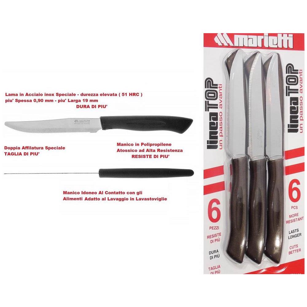 Marietti - Marob 6 Coltelli Tavola Top Con Seghetto 11 Cm Manico In Nylon Lama In Acciaio Inox 100% Made In Italy - Bistecca Marrone - Foto 2