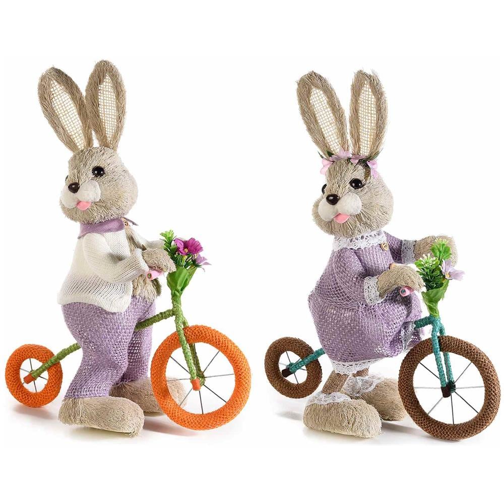 Coppia Di Coniglietti Pasquali In Paglia Con Bicicletta E Abito Decorazione Artigianale Per La Casa Idea Regalo Per Pasqua Set Da 2 - Foto 1
