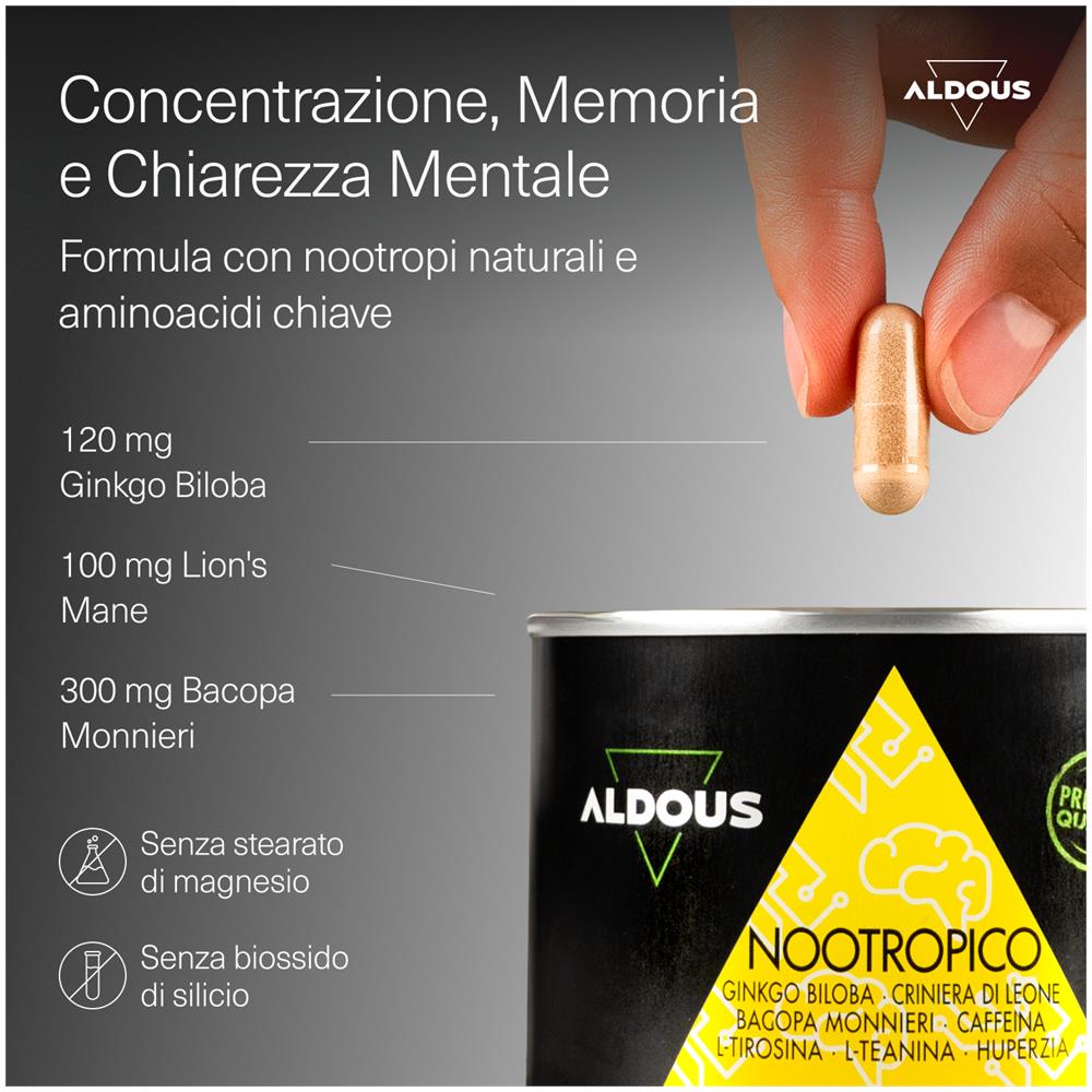Nootropico Ginkgo Biloba Criniera di Leone Caffeina Bacopa Tirosina Teanina Huperzine A Aldous | 80 Capsule - Foto 2