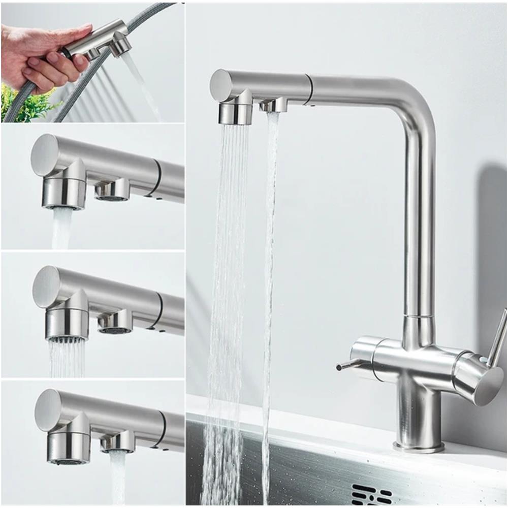 Rubinetto per lavello da cucina, Blackswan, tipo M347, modello nichel opaco con uscita acqua purificata e doccia mobile, misura 31,5 cm - Foto 2