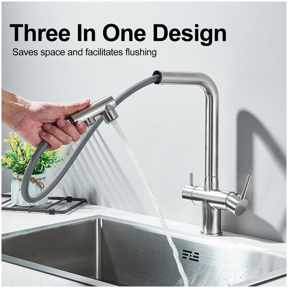 Rubinetto per lavello da cucina, Blackswan, tipo M347, modello nichel opaco con uscita acqua purificata e doccia mobile, misura 31,5 cm - Foto 4