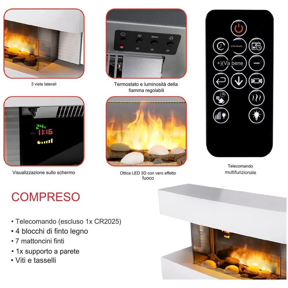 Caminetto Elettrico Toronto 2000W Stufa Elettrica LED e Telecomando - Foto 5