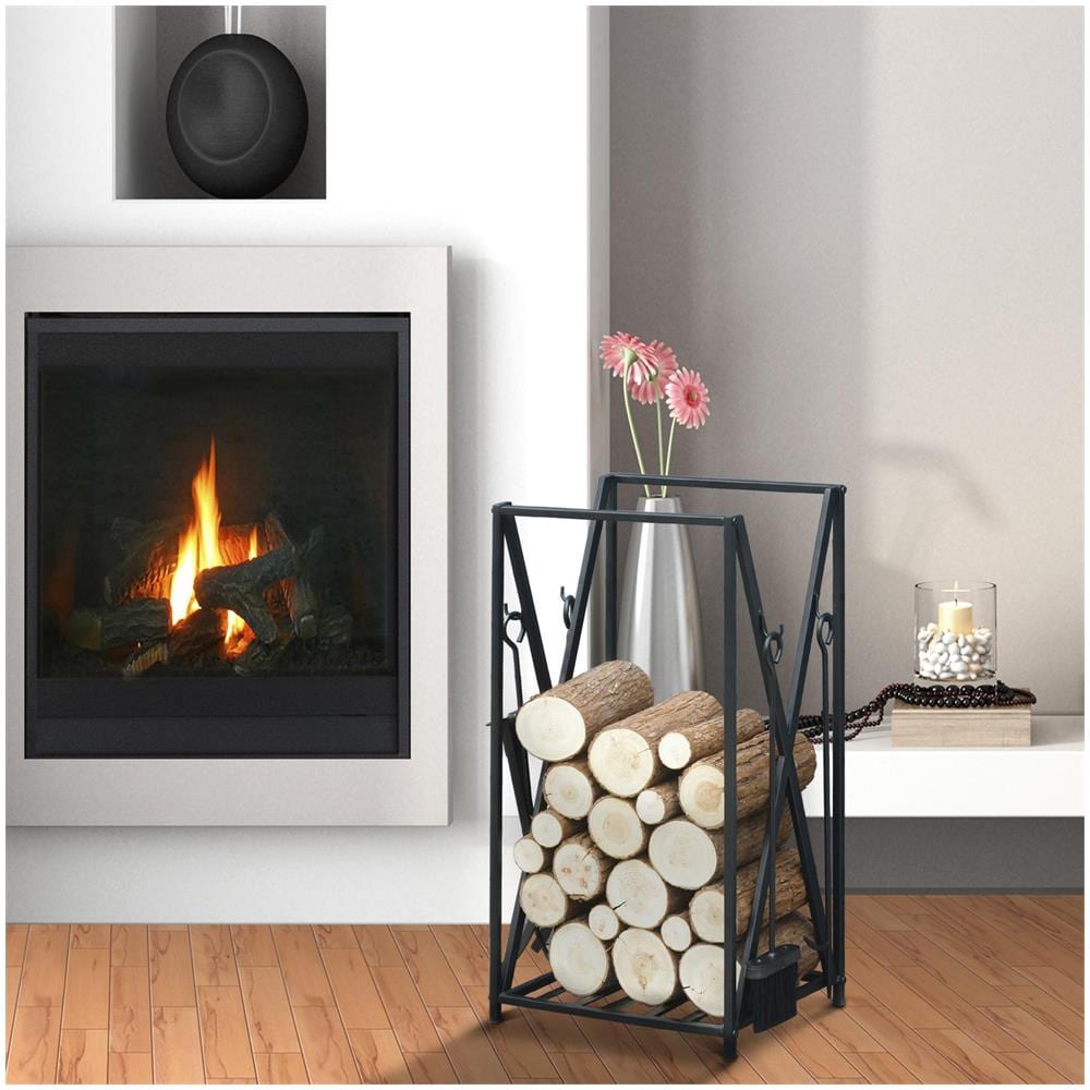 Portalegna da Interno ed Esterno in Acciaio con 4 Attrezzi Inclusi, Capacit? 100kg 46x30x76cm Nero - Foto 2